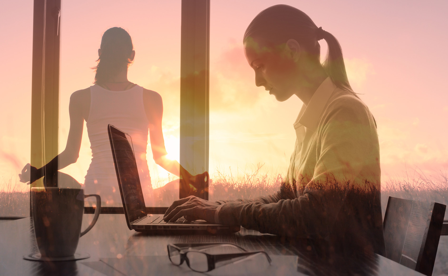 Woman Working On Laptop With Shadow And Sunset - Supporting Your Team's Mental Wellbeing